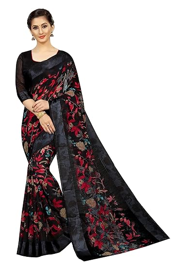 Womens Digital Linen Saree with Unstitched Blouse Piece (DiGiDark)