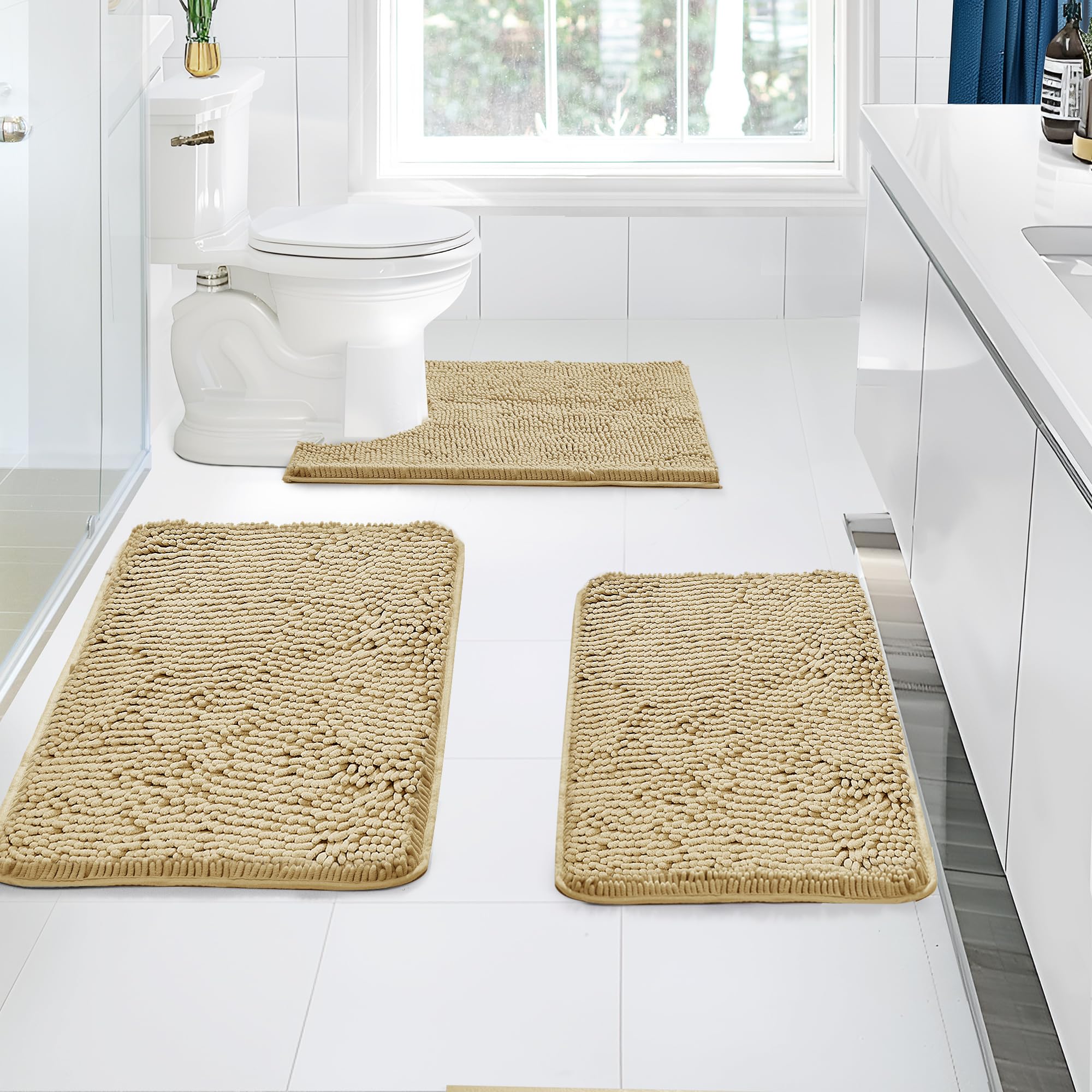 Photo 1 of Deconovo Luxury 3-Piece Bathroom Rug Set – Ultra Soft & Absorbent Chenille Bath Mats – Quick-Dry, Non-Slip Backing – Machine Washable, Plush Bathroom Carpet for Tub, Shower & Toilet – Camel