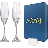 Wedding Champagne Flutes Toasting Glasses, Silver 7oz Toasting Flute Pair Crystal Metal Base with Sparkling Crystals for Wedding Anniversary Party Birthday Banquet and Gift for Bride Groom Giftboxed