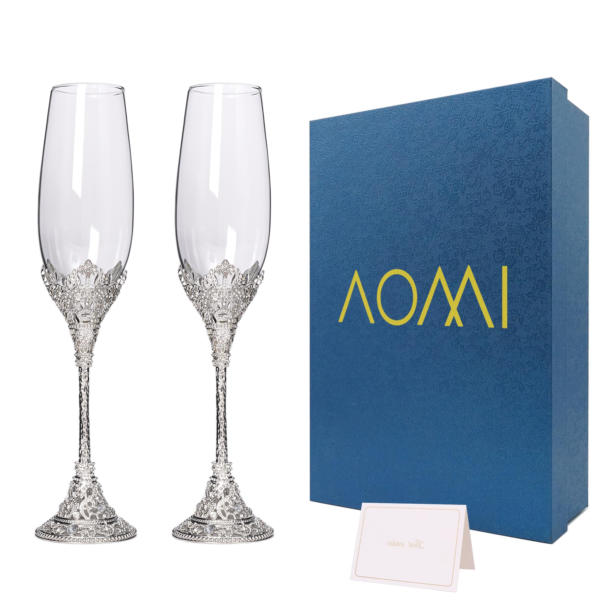Wedding Champagne Flutes Toasting Glasses, Silver 7oz Toasting Flute Pair Crystal Metal Base with Sparkling Crystals for Wedding Anniversary Party Birthday Banquet and Gift for Bride Groom Giftboxed