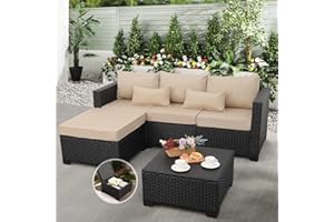 Rattaner Outdoor Furniture Set 3 Pieces Wicker Patio Furniture Outdoor Sectional Patio Couch Outdoor Coffee Table with Storage All-Weather Non-Slip Cushions Waterproof Covers, Khaki
