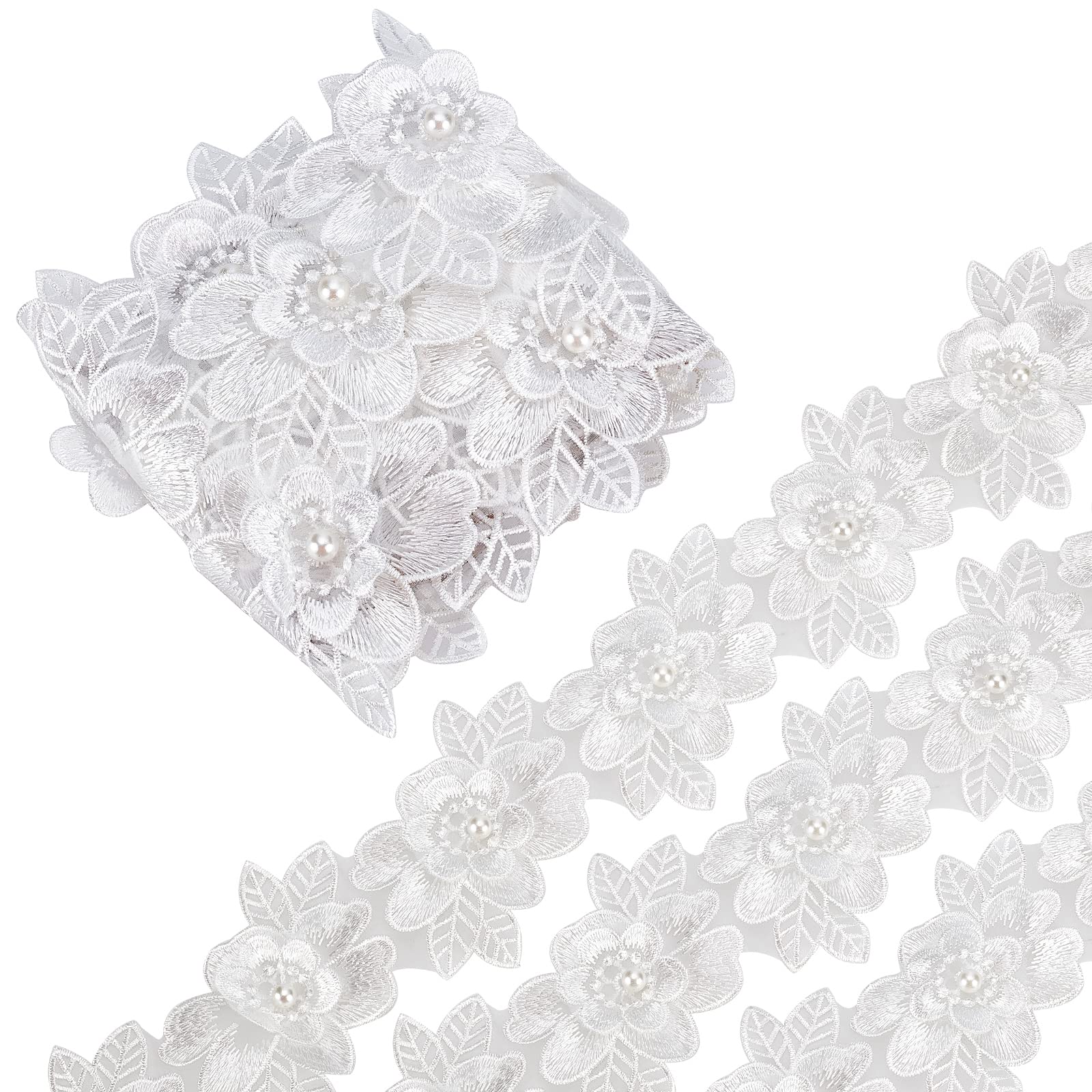GORGECRAFT 2 Yard 3D Polyester Flower Lace Edge Trim Ribbon Pearl Beads Edging Trimmings Embroidered Applique Fabric Vintage Sewing Craft for Wedding Dress Embellishment DIY Dress Decor(White)
