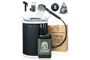 COMPASS & CREEK Portable Camping Shower Pump – Rechargeable High Pressure Kit with 90 Min Battery, 3.9 Gal Collapsible Bucket, Dual Heads for Shower & Cleaning, Shower Head Holder & Carry Bag – Essential Camping Kit