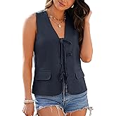 luvamia Linen Vest for Women Trendy Sleeveless Tie Front Tops Summer Casual Top Waistcoat Suit Vests with Pockets