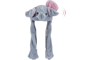 Hopearl Elephant Hat with Ears Moving Jumping Pop Up Beating Hat Plush Holiday Cosplay Dress Up Funny Gift for Kids Girls, Gray, 22''