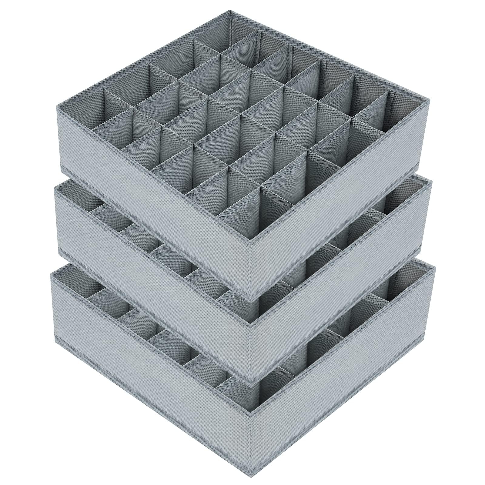 DIMJ 3 Pack Drawer Organisers 24 Cells Sock Organiser Foldable Underwear Drawer Organiser Fabric Drawer Divider Storage Boxes for Socks, Belts, Grey
