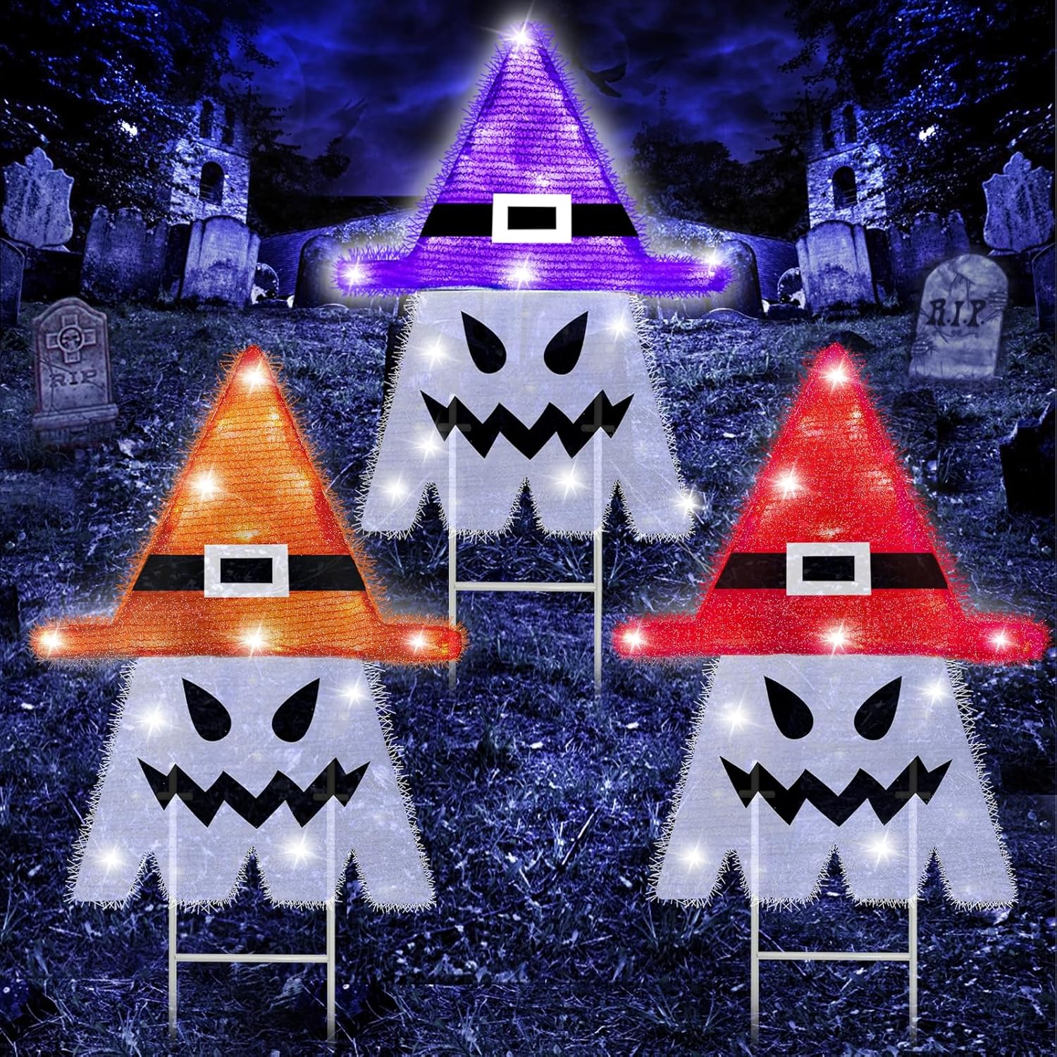 Decorative Garden Stakes - [ 8 Modes & Timer ] 3 Pack Prelit 75 Led Lighted Halloween Yard Stakes Fiber Ghost with Witch Hat Halloween Yard Decorations Outdoor LED Flashing Light Battery Operated Garden Lawn Haunted House Decor