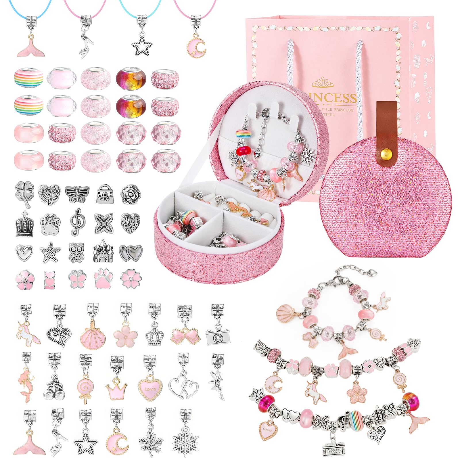 Emibele Girls Charm Beads Bracelet Making Kit with Portable Jewelry Box, Jewelry Making Kit for Kids Age 5 6 7 8-12, DIY Bracelets Crafts for Teens Girls Gift Choices on Birthday Valentines Christmas