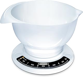 Leifheit analoge Küchenwaage, aus hochwertigem Kunststoff, inkl. abnehmbarer Rührschüssel, Haushaltswaage mit 5 kg Tragkraft, spülmaschinengeeignet, Küchenwaage analog, mechanische Zuwiegefunktion