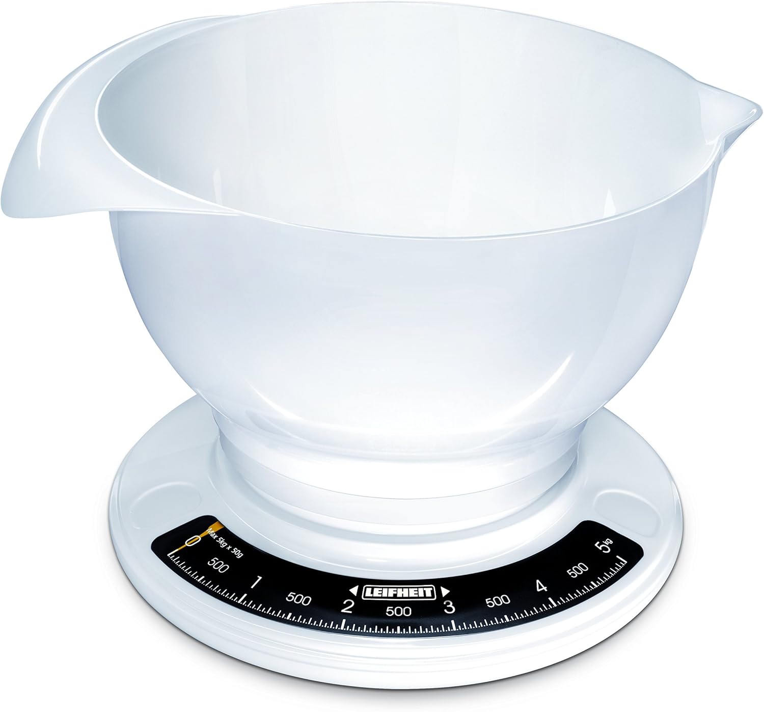 Leifheit analoge Küchenwaage, aus hochwertigem Kunststoff, inkl. abnehmbarer Rührschüssel, Haushaltswaage mit 5 kg Tragkraft, spülmaschinengeeignet, Küchenwaage analog, mechanische Zuwiegefunktion