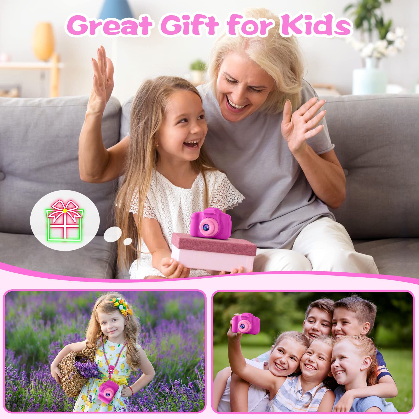 PROGRACE Kids Camera Girls Gift - Dual Selfie Kids Digital Camera Age 3 4 5 6 7 8 9 Year Old Children Camera Toys Christmas Birthday Gift Age 3-12 Toddler Camera Kids Video Camcorder Recorder,Rose Red