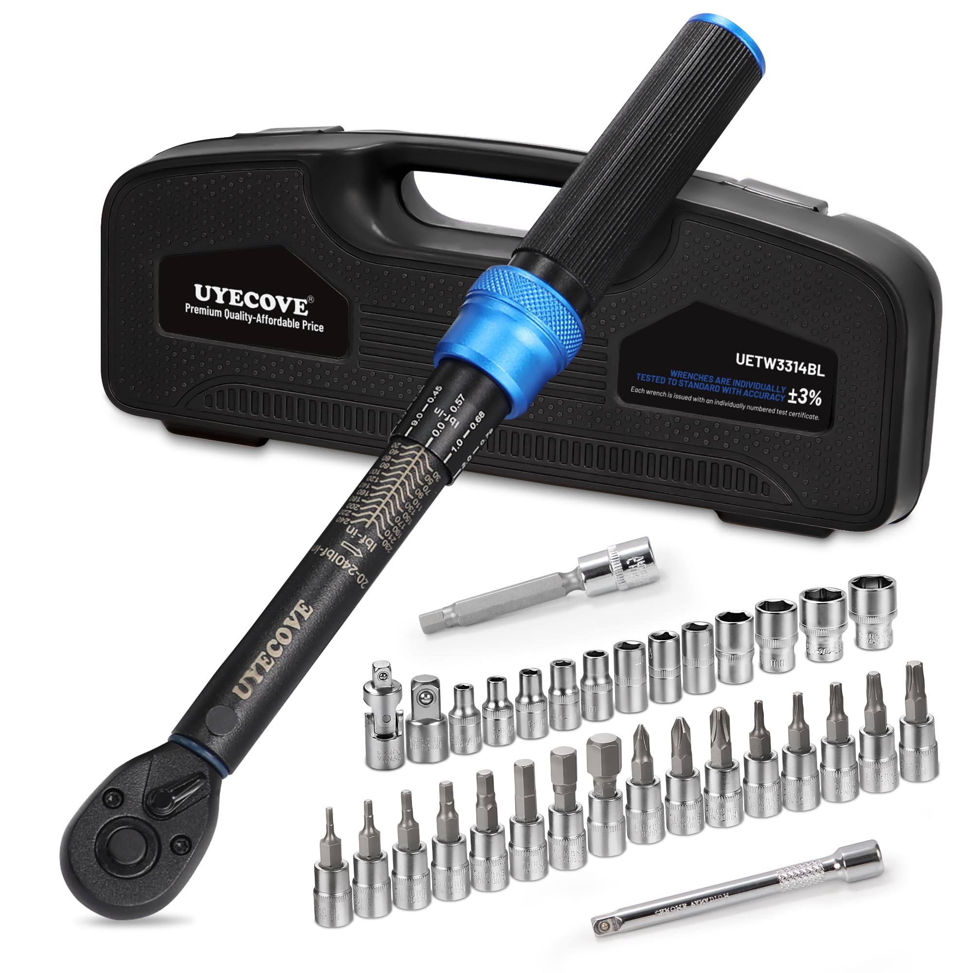 Photo 1 of UYECOVE 1/4-Inch Drive Click Torque Wrench Set, 33Pcs Bike Torque Wrench Set (20-240IN.LB/2.3-27.1Nm),Inch Pound Click Torque Wrench with Bit Sockets, 3/8 Adapter, Bicycle Tool Kit
