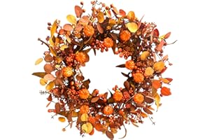 PODAFU 22 Inch Fall Wreath Artificial Pumpkin Wreaths for Front Door Autumn Door Wreath with Orange Eucalyptus Leaves Berries for Thanksgiving Day Harvest Festival Indoor Outdoor Celebration