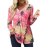 Womens V Neck Hawaiian Shirt Fall Vintage Floral Tropical Printed Tunic Top Long Sleeve Buttons Side Shirts