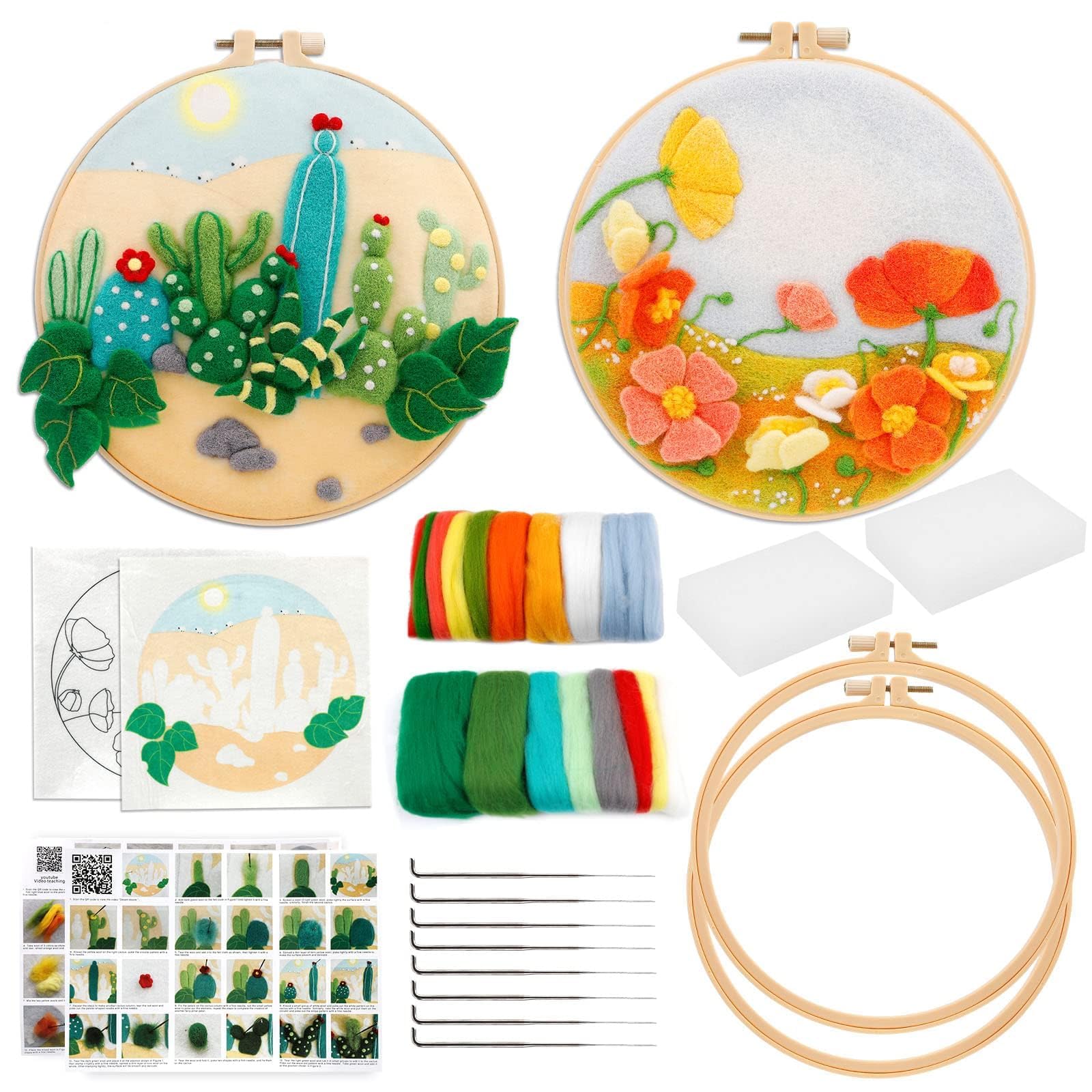 BUOKKON Needle Felting Kit, Needle Felting Tools for Beginner, Wool Felt Supplies with Instructions, Felting Needles, Felting Wool, Embroidery Hoops for Home Decoration