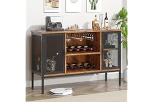 PulseFay Upgraded Wine Bar Cabinet with Back Panel, Liquor Cabinet with LED Lights & Power Outlets, Adjustable Shelves, Glass Holders & Storage, Coffee Station for Kitchen/Home, Rustic Brown