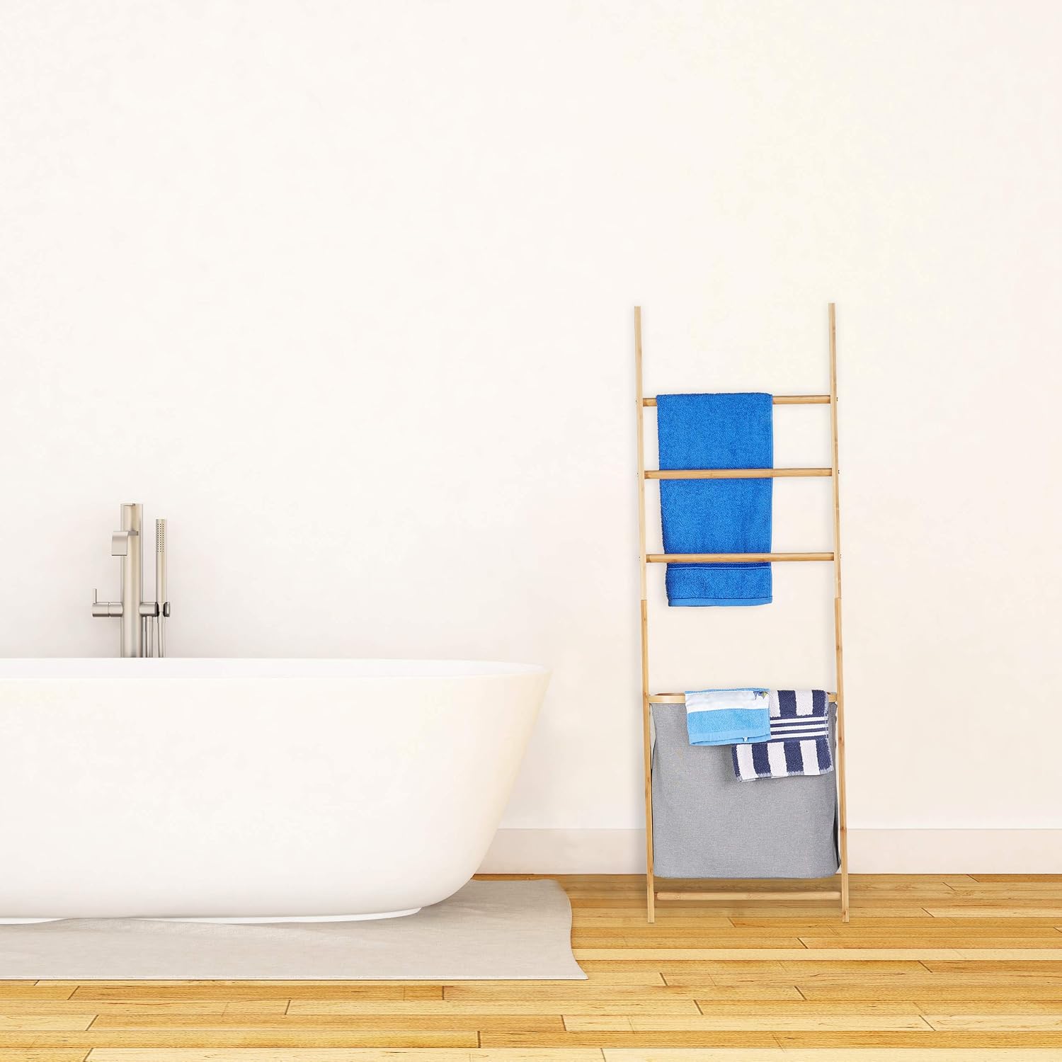 Relaxdays Bamboo Towel Rack with Basket, Freestanding Wooden Laundry Hamper, HWD: 139x43.5x33cm, Natural, Grey, 139 x 43.5 x 33 cm - Image 3