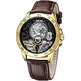 SURVAN WatchDesigner Automatic Mechanical Watches for Men Leather Strap Skeleton Starry Sky Dial Watch Self Winding Business Men's Dress Wrist Watch Water Resistant, No Battery Needed