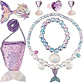 7pcs Halloween Mermaid Jewelry, Mermaid Jewelry Supplies Mermaid Outfit Costume with Handbags Earrings Rings Necklaces Bracelets Hair Clips Dress Up for Halloween Birthday