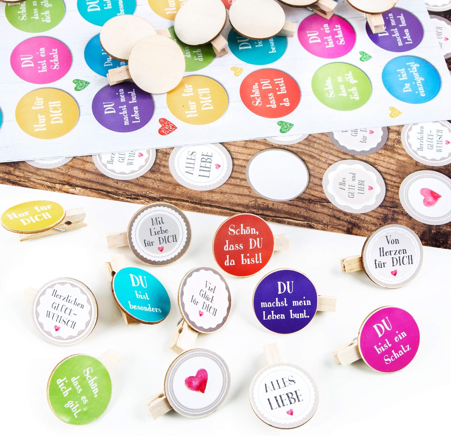 Logbuch-Verlag Set of 2 x 35 Stickers Colourful Vintage with Sayings + Mini Wooden Pegs - Party Bag Give-Away