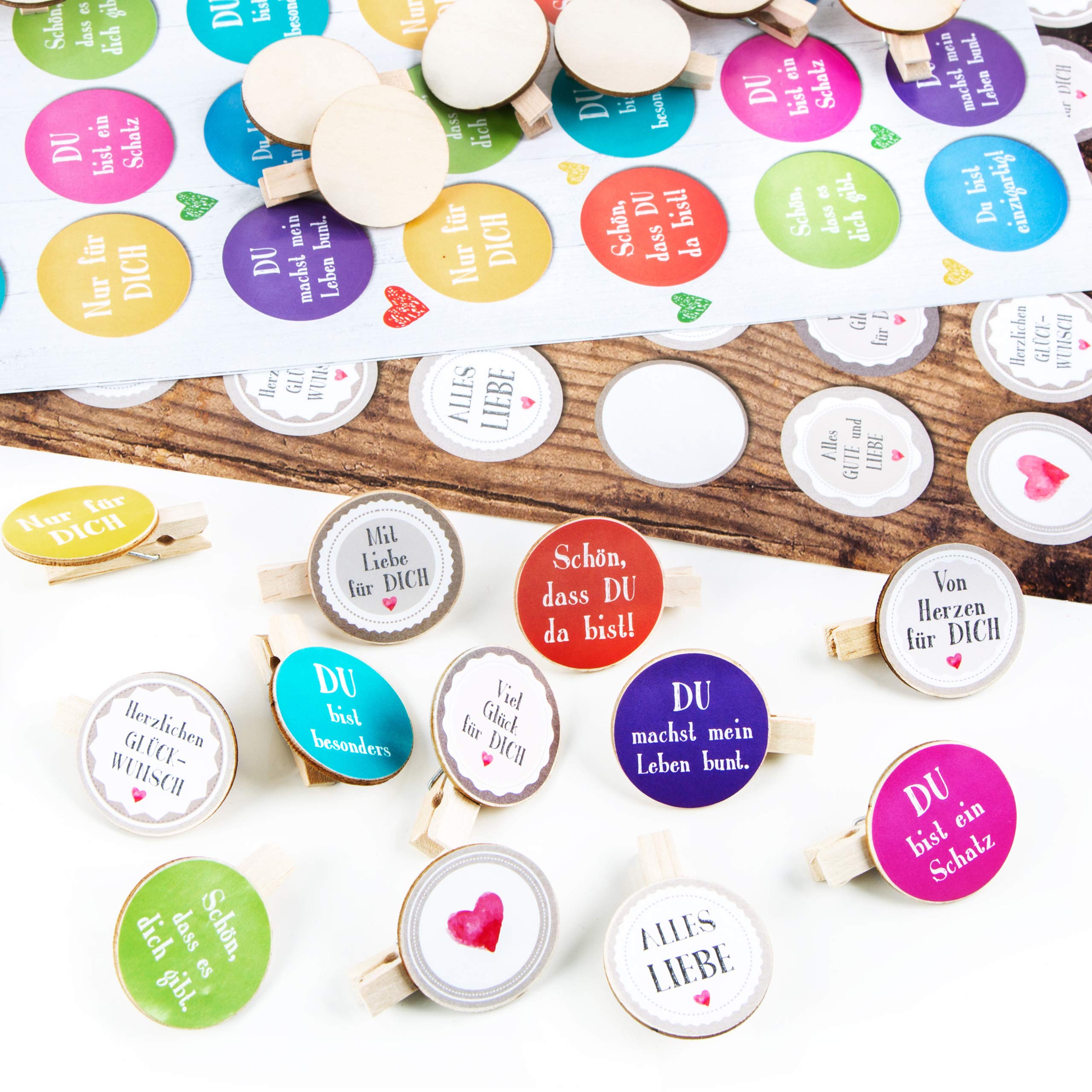 Logbuch-Verlag Set of 2 x 35 Stickers Colourful Vintage with Sayings + Mini Wooden Pegs - Party Bag Give-Away