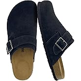 CUSHIONAIRE Hugo Genuine Leather Suede Clogs for Men – Comfortable Slip On Shoes with Adjustable Buckle, Closed Toe Mens Slides