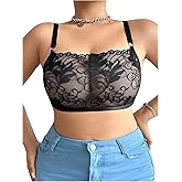 MakeMeChic Women's Plus Size Bra Floral Lace Sheer Spaghetti Strap Wireless Bralette
