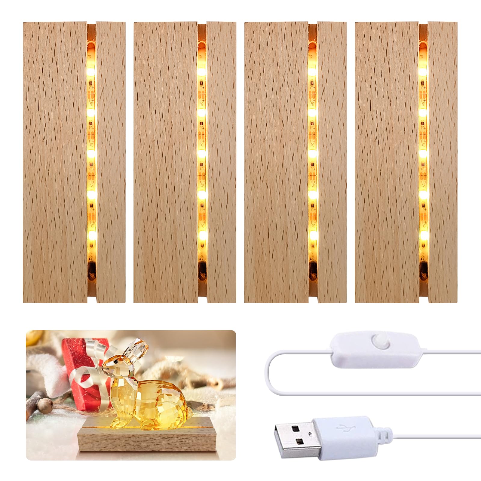 YWNYT 2 Pack/4 Pack LED Lights Display Base, Wooden Rectangle Display Pedestal Art Lights Display Stand for Crystal Glass Resin Art DIY Decorative Ornament (4 Pack)