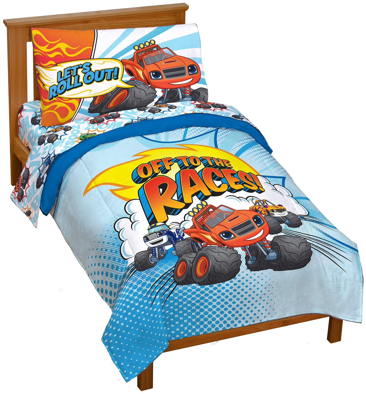 Jay Franco Blaze and The Monster Machines Off to The Races 4 Piece Toddler Size Bed Set – Super Soft Microfiber Bed Set Includes Size Comforter & Sheet Set (Official Blaze Product) Image