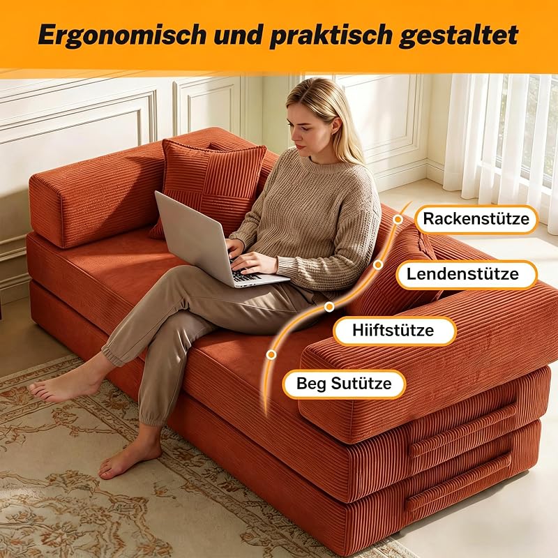 rahmenloses Sofa, 160 cm, mit Schaumstoff und Federn, für Schlafzimmer, Orange