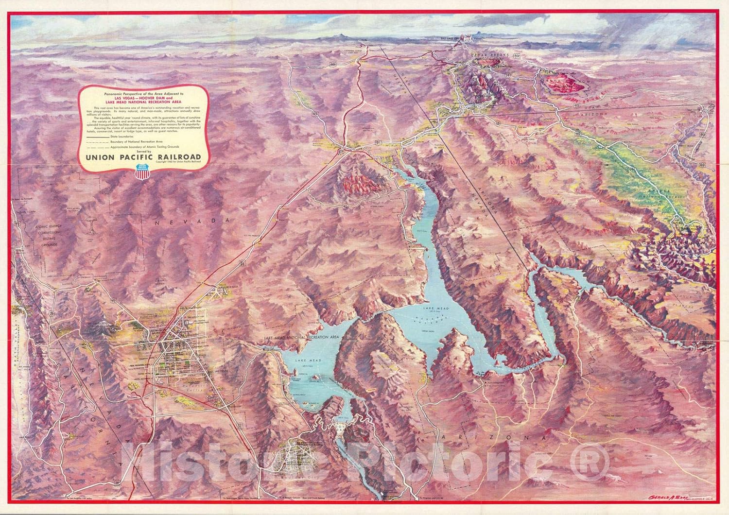 Historic Map - Pocket Map, Panoramic Perspective of The Area Adjacent to Hoover Dam and Lake Mead Recreational Area 1962 - Vintage Wall Art - 62in x 44in