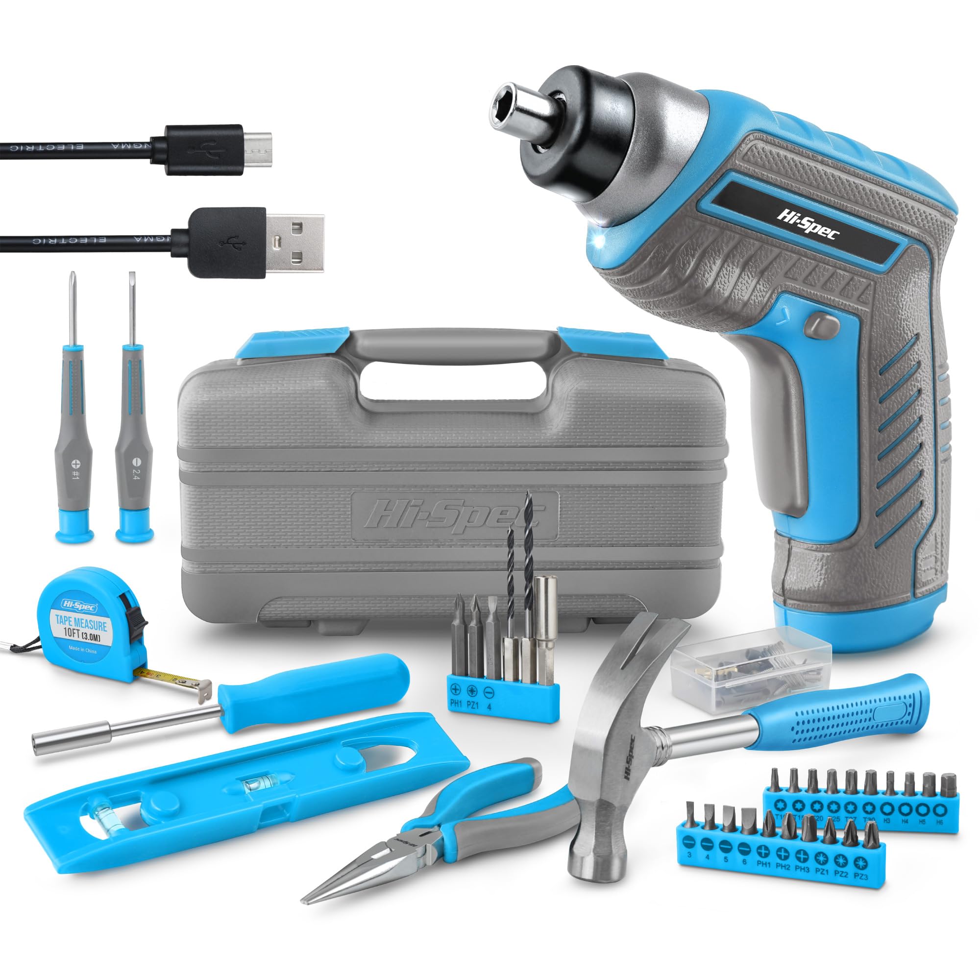 Hi-Spec 35pc Compact Home Tool Kit Set with 3.6V USB Electric Power Cordless Screwdriver. The Starter Basic Tools for Household DIY Repairs in a Small Toolbox — image 1