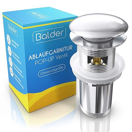 Balder Universal Ablaufgarnitur mit Überlauf - Chrom Pop Up Ventil für Waschbecken & Waschtisch - Passgenaues Ablaufventil au
