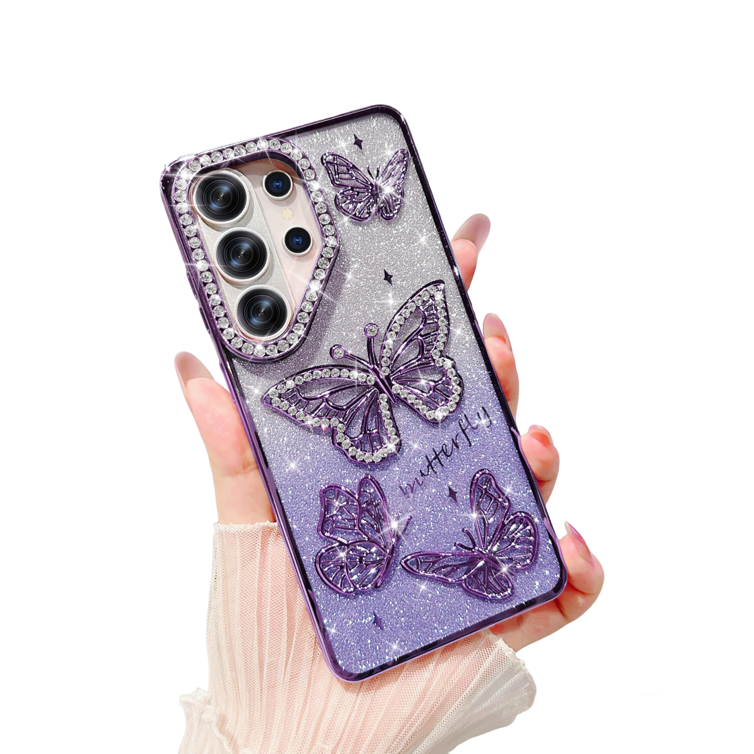 SQMCase Designed for Samsung Galaxy S26 Ultra Glitter Case, Cute 3D Diamond Butterfly Plating Sparkly Case,Bling Slim Soft Phone Cover for Women Girls(Purple)