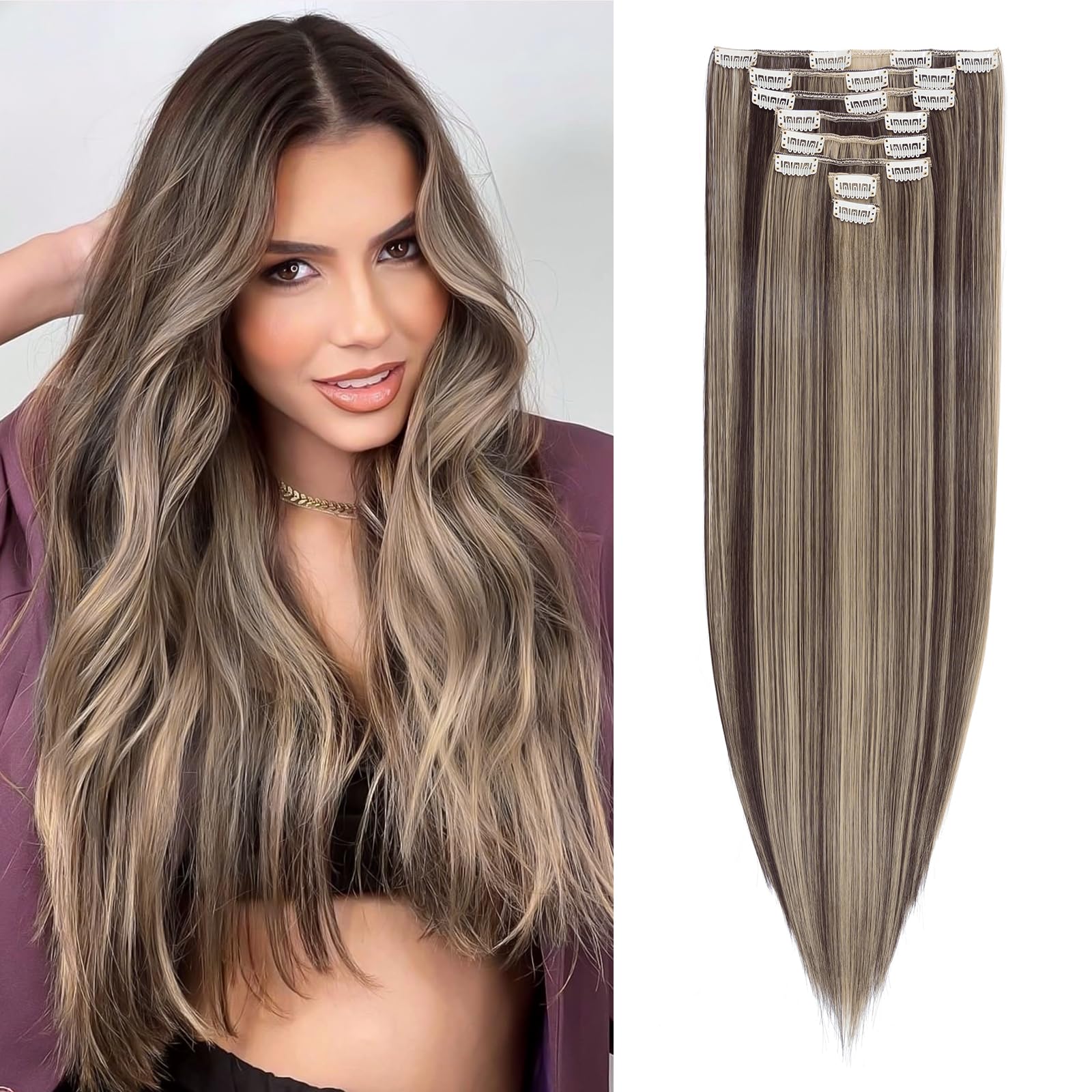 26" Long Straight Clip in Hair Extensions Full Head 8Pcs 18Clips Ombre Colorful Synthetic Hair Clip in Hairpiece Dark Brown mix Ash Blonde