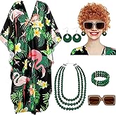 Maiteenly 6 Pcs Carnival Landlady Women Costume Curly Wig Print Caftan Dresses Jewelry Set and Sunglass for Cosplay Party