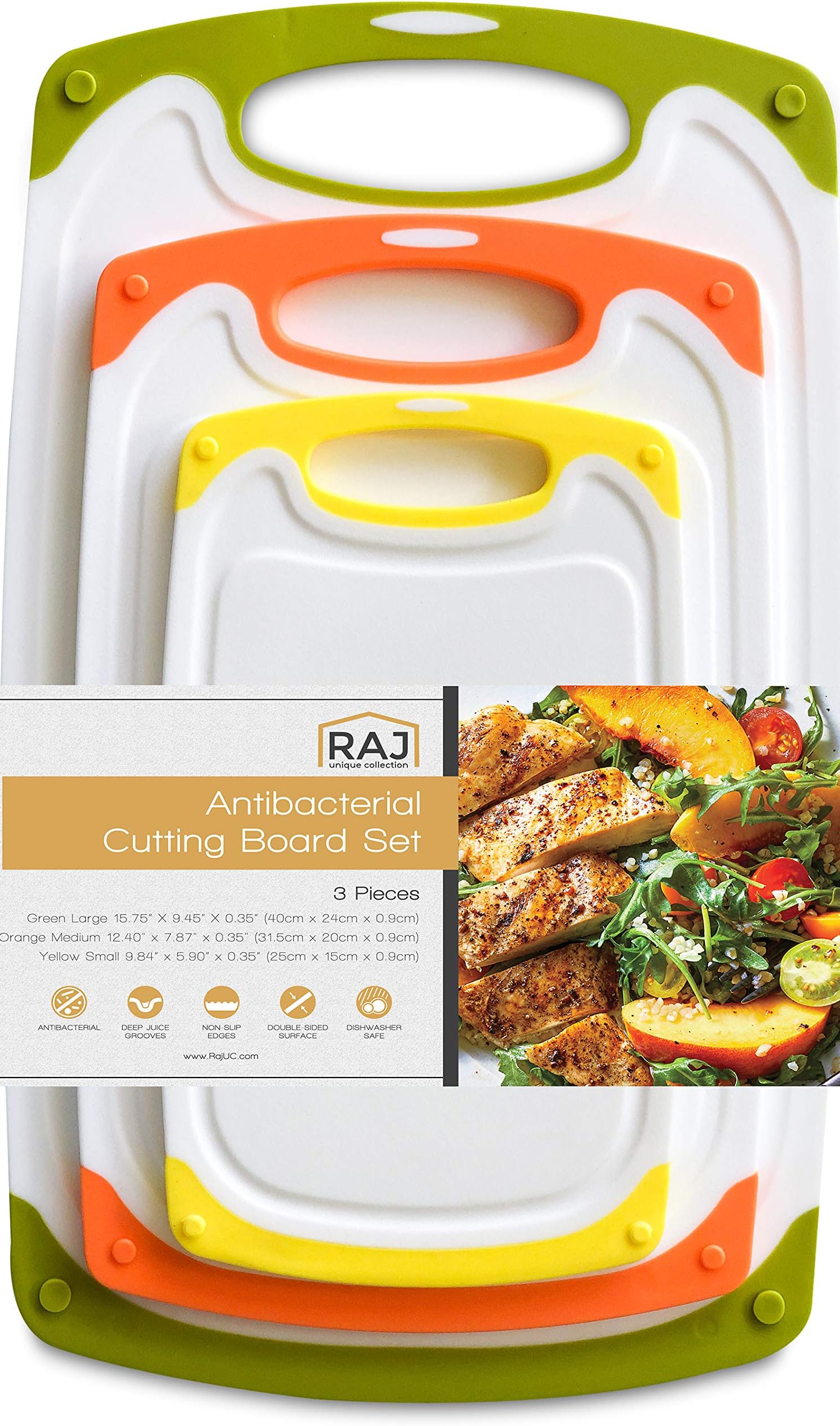 Raj Plastic Cutting Board Reversible Cutting board, Dishwasher Safe, Chopping Boards, Juice Groove, Large Handle, Non-Slip, BPA Free (Set of Three, Green, Orange,Yellow)