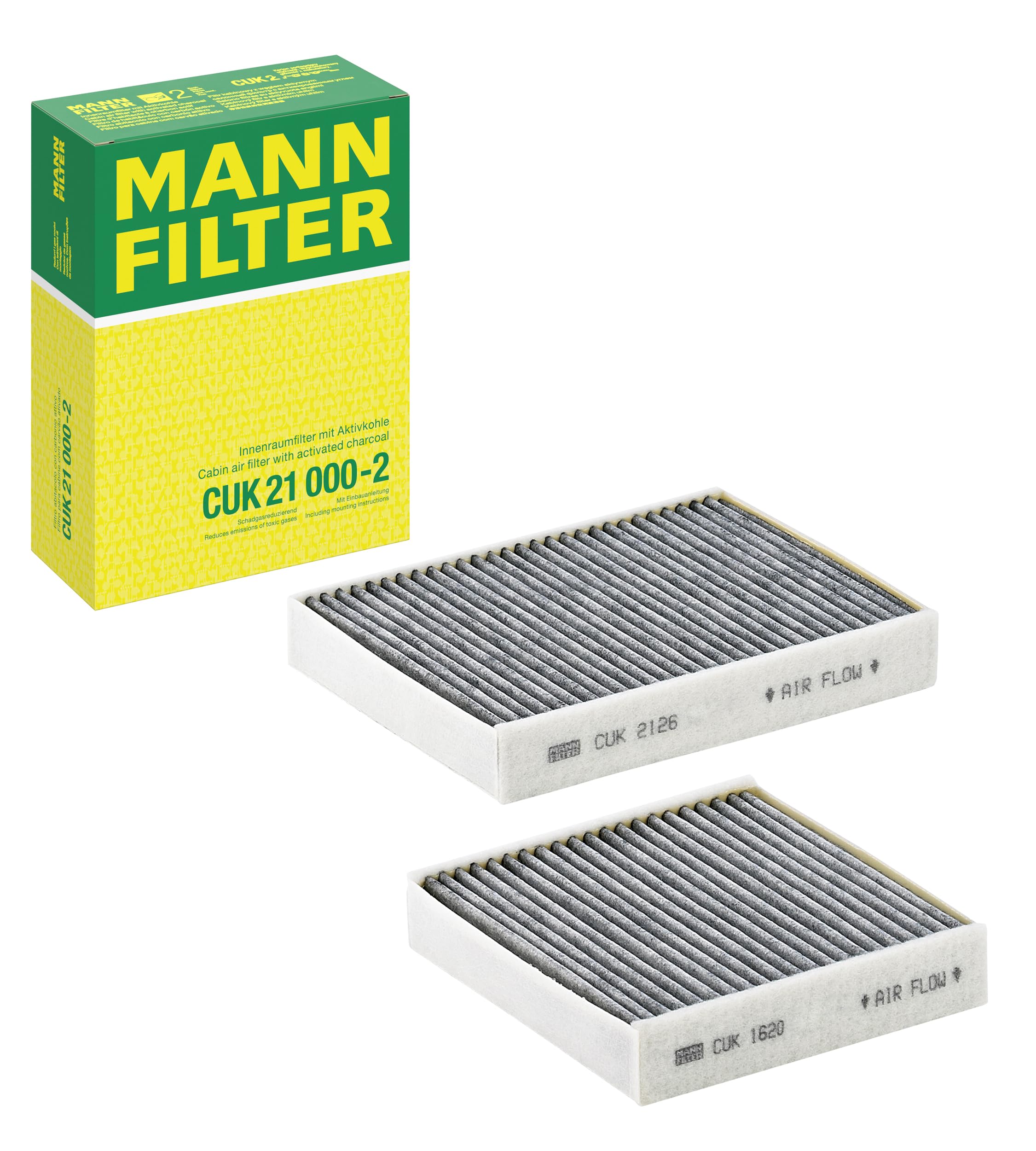 MANN-FILTER CUK 21 000-2 Cabin Air Filter - Pollen Filter with Activated Carbon - (set of 2) for Cars + Transporters