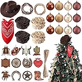 Syhood 32 Pcs Western Christmas Tree Ornaments Wooden Hanging Western Cowboy Hat Decorations Fake Rusted Barbed Wire Garland Rope Xmas Ball Ornament for Xmas Holiday Party West Theme Home Decor