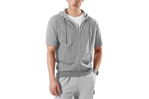 Ohoo Mens Slim Fit Zip up Hoodie Short Sleeve Thin Jacket Full Zip Sweatshirt with Kanga Pocket