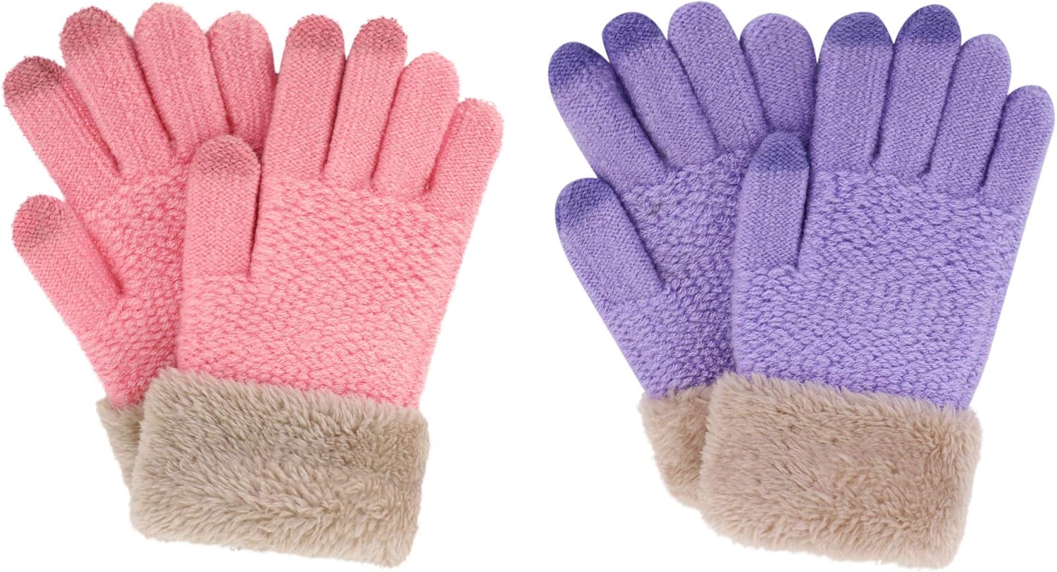 2 & 3 Pack Kids Touchscreen Winter Knit Gloves with Faux Fur Cuff: Clothing