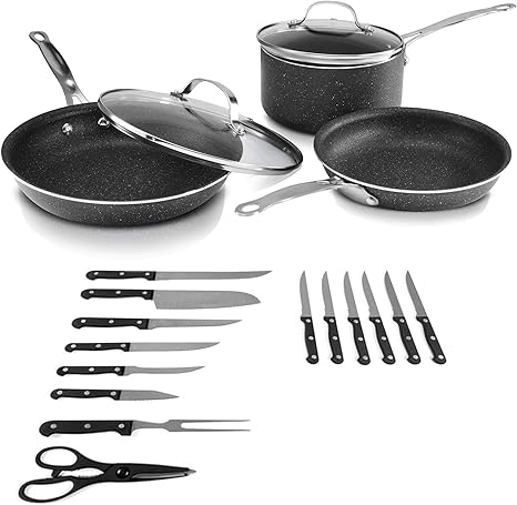 Amazon Com Granitestone 19 Piece Set Nonstick Cookware Set Scratch Resistant Granite Coated Anodized Aluminum Dishwasher Safe Pfoa Free As Seen On Tv Kitchen Dining