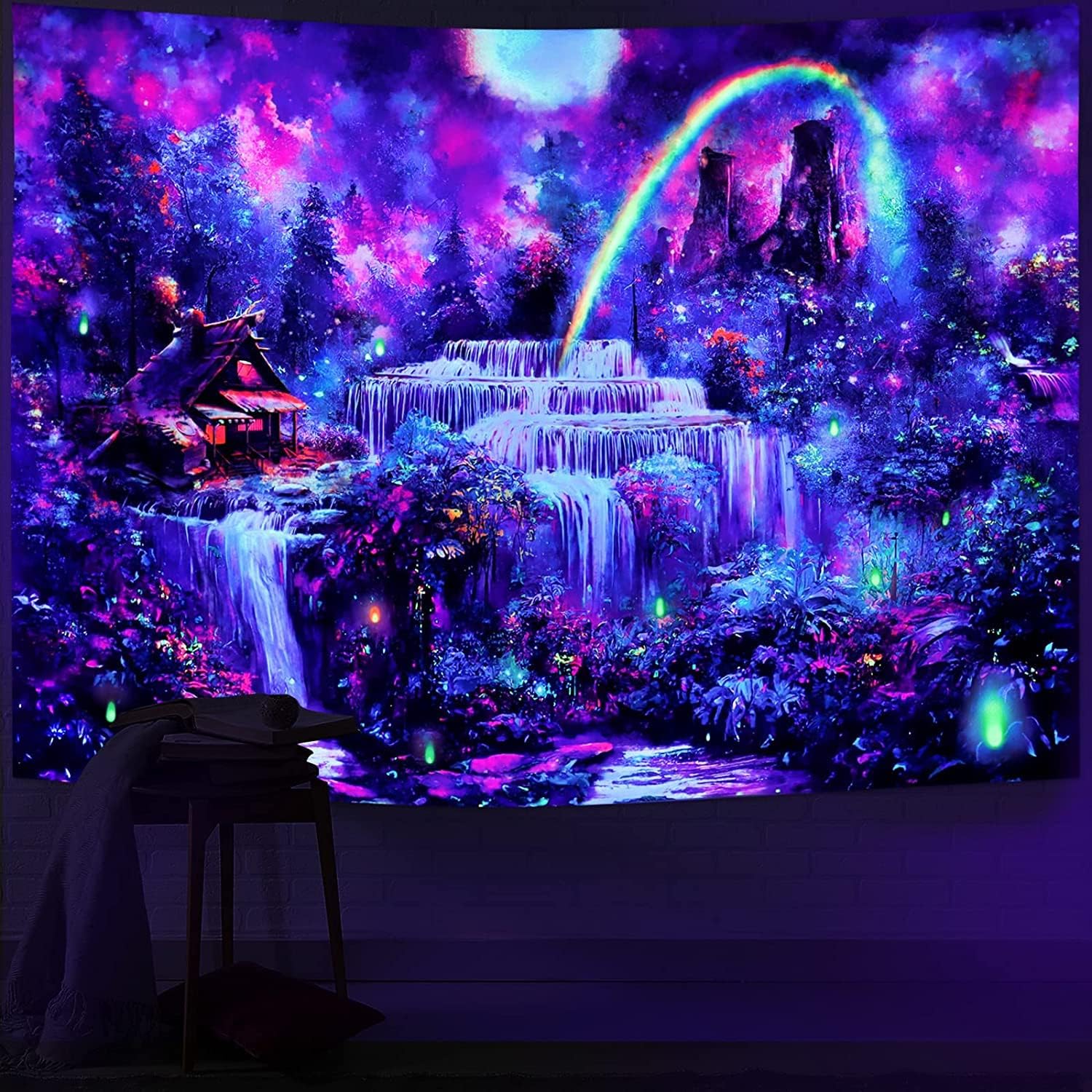 Tapestries - Wonrizon Blacklight Fantasy Forest Tapestry, Waterfall Rainbow Misty Jungle Plants Tapestries UV Reactive Wall Hanging Glow in the Dark Nature Landscape decor for Bedroom Living Room(Waterfall Forest, 70.9”x 94.5”)