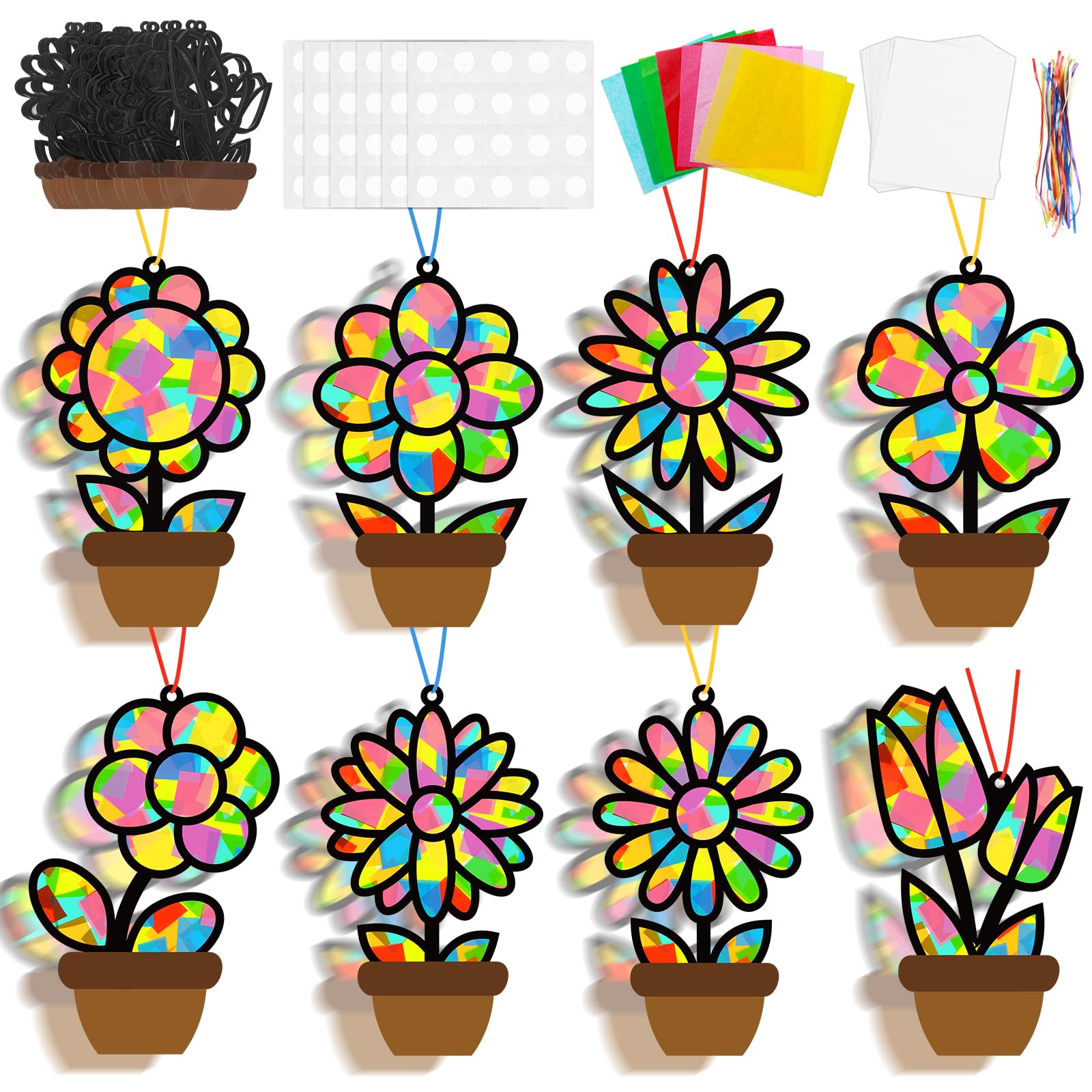 Lonfliness 32 Sets Flower Spring Suncatchers Crafts Kit DIY Flower Pot Window Stained Glass Effect Paper Floral Home School Classroom Decoration Art Craft Creative Activity Project Kid Gift Favor