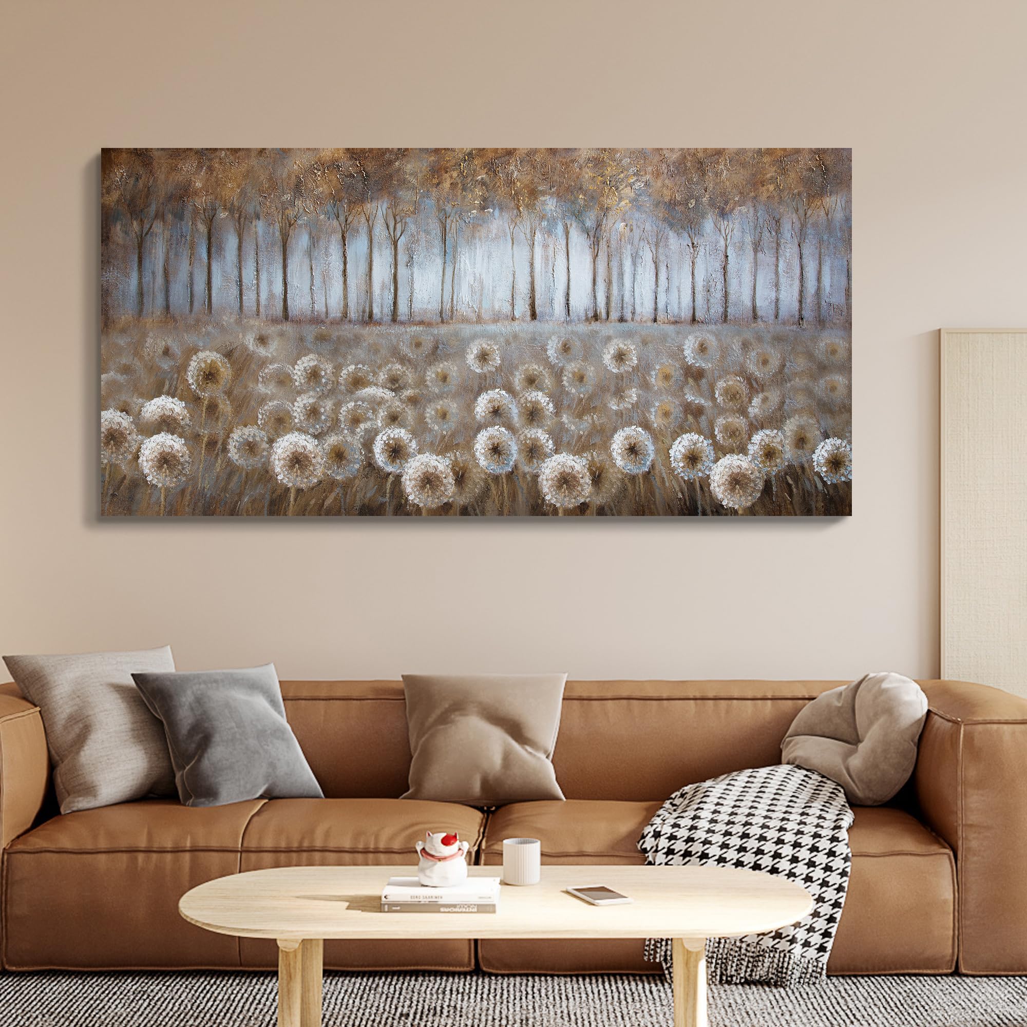 Photo 1 of Large Living Room Wall Decor Brown Dandelion Canvas Wall Art Abstract Tree Forest Theme Picture Wall Decoration Modern Framed Prints Artwork Ready to Hang for Bedroom Home Wall Decor Size 29x58 inch