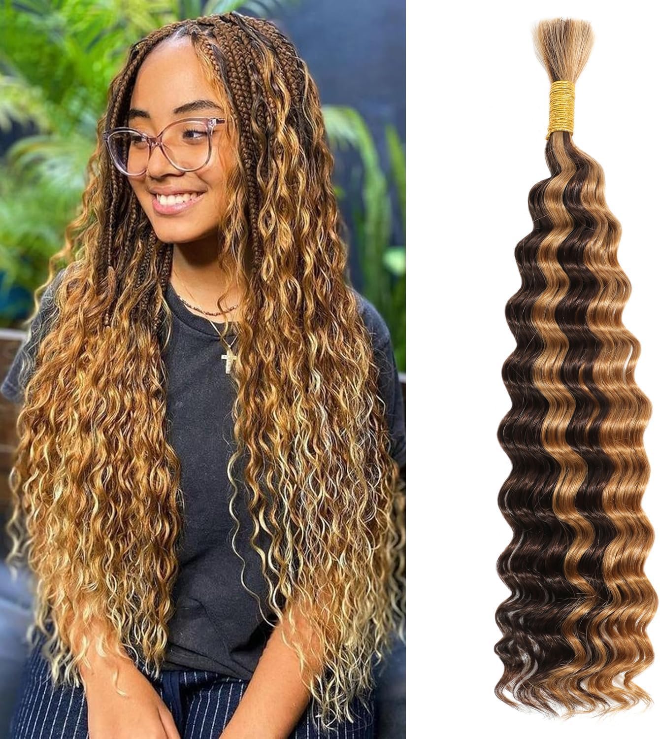 Ombre Braiding Hair 50g 20 Inch Deep Wave 1 Bundle Bulk Human Hair for Braiding 10A Brazilian Virgin Highlight Curly Hair Extensions for Boho Braids Wet and Wavy Honey Blonde Braiding Hair