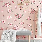 DRWSSR Pink Flowers & Green Leaves Wall Decals - Removable Peel & Stick Garden Floral Wall Stickers for Bedroom & Living Room