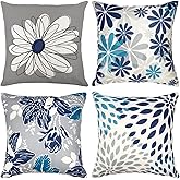 Baidast Blue Decorative Throw Pillow Covers 18x18 Set of 4, Blue and Grey Modern Daisy Floral Pillows Linen Pillow Covers for Couch Sofa Living Room