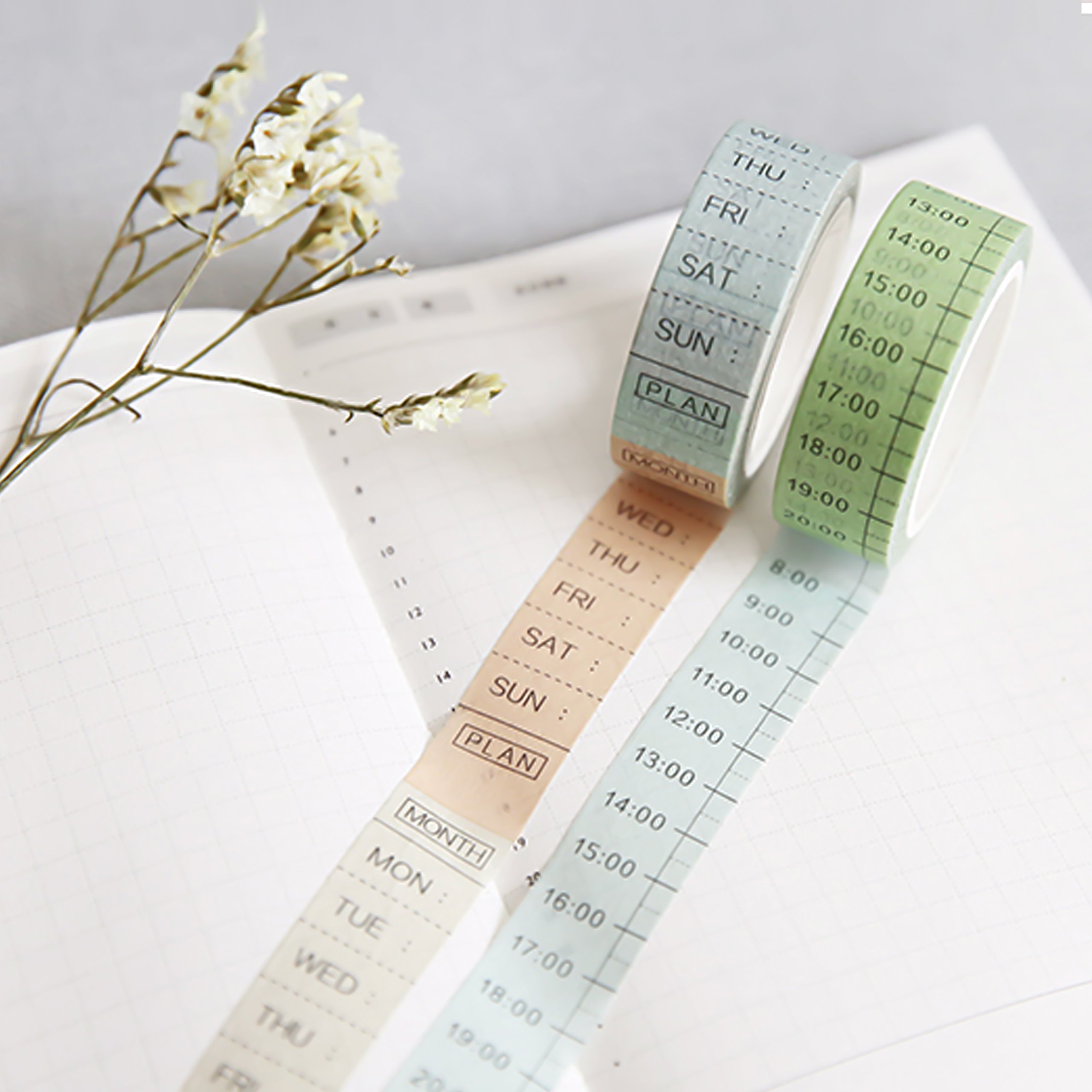 Washi Tape Set, Time Plan Washi Tape, Monthly/Week/ Daytime Decorative Masking Tape with Green Plants Stickers for Scrapbooking, Notebooks DIY Crafts, Album, Bullet Journals