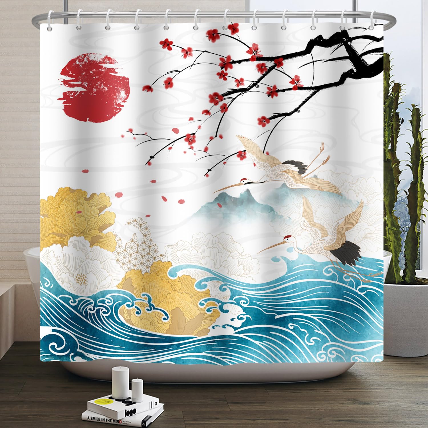 SDOTPMT 165x180cm Japanese Shower Curtains Japan Ocean Fuji Mountain Red Sun Cherry Blossoms White Crane Asian Japanese Traditional Ukiyo-e Art Bathroom Curtains with Hooks
